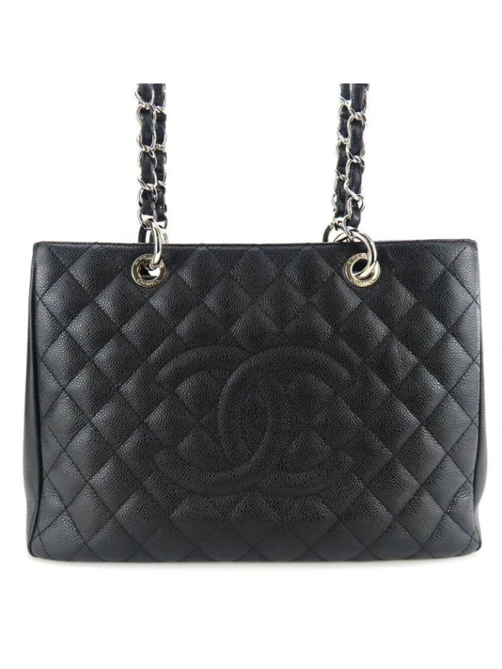 Chanel Tote Bag Grand Shopping GST Quilted Caviar Leather Black Silver